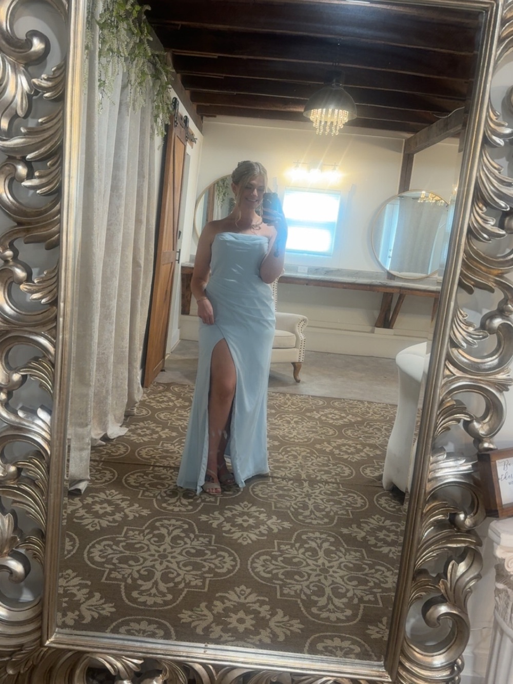 Azazie Strapless Light Blue Formal Gown with Thigh Slit